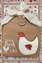 Load image into Gallery viewer, Prim cutting board with chicken and fresh egg  tag #892