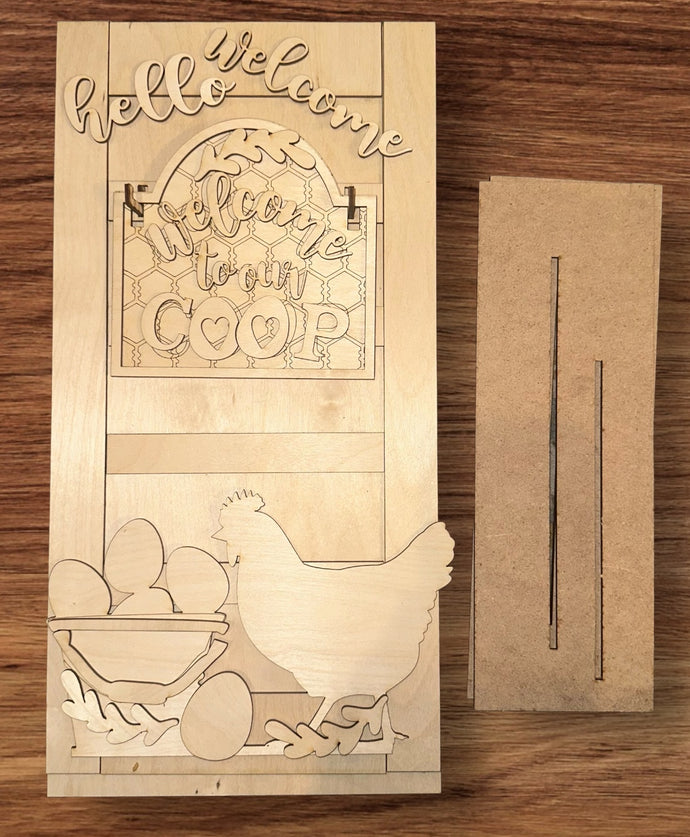 Farmhouse door with welcome to the coop add on..